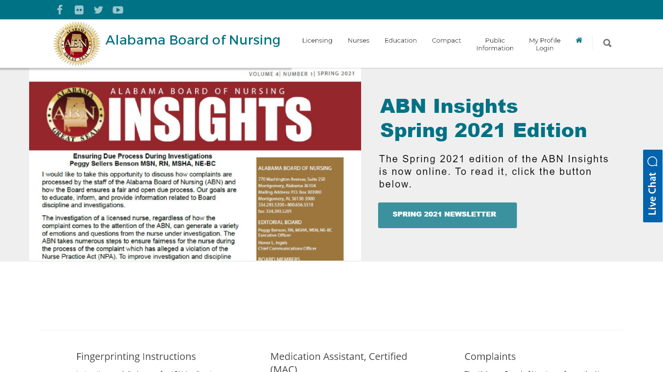 Alabama Board of Nursing website screenshot.