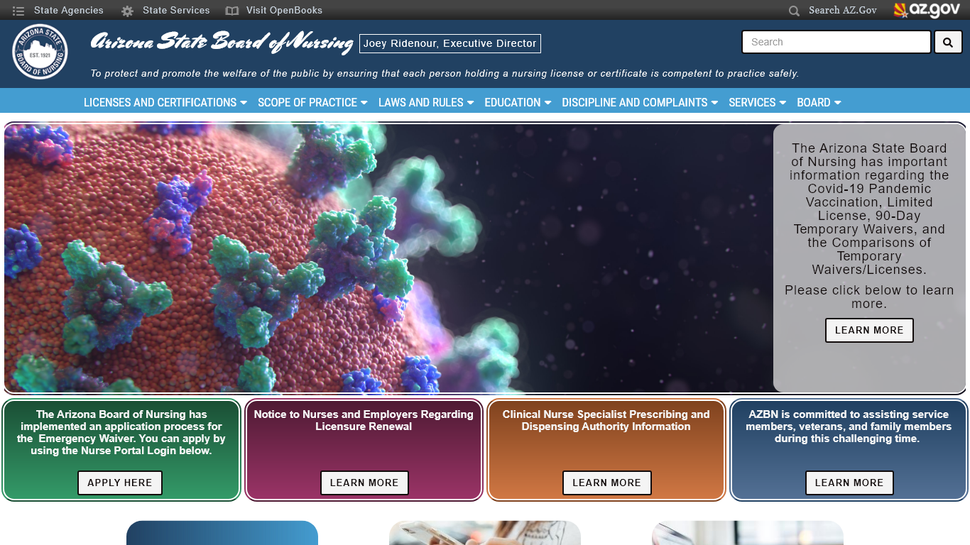 Arizona Board of Nursing website screenshot.