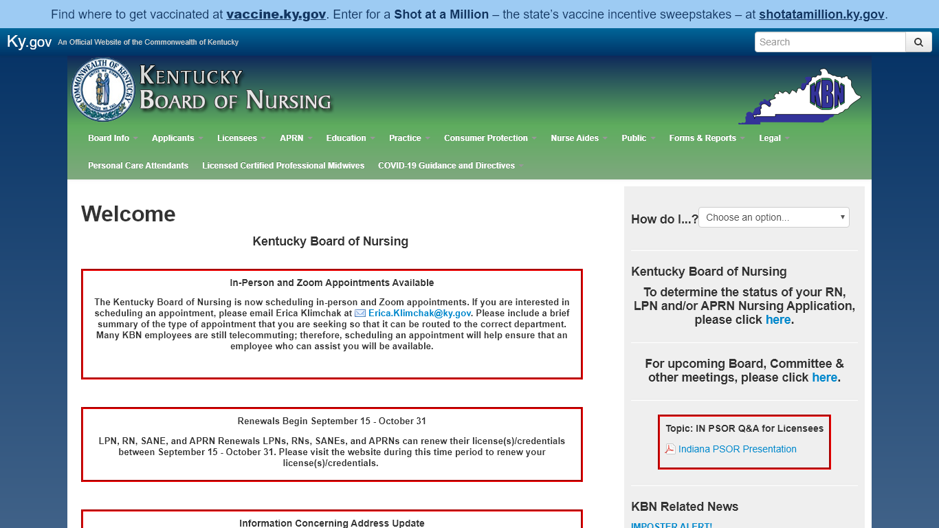 Kentucky Board of Nursing website screenshot.