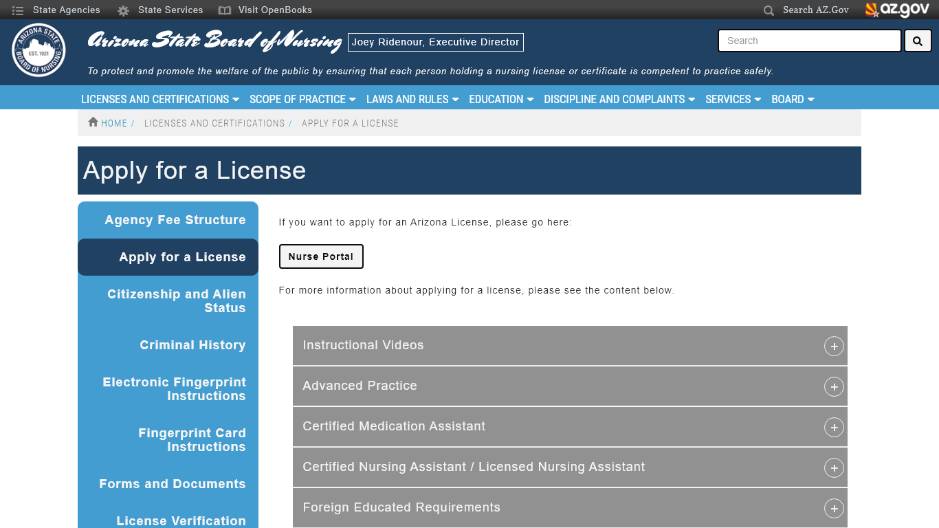 Licensing requirements for the Arizona Board of Nursing.