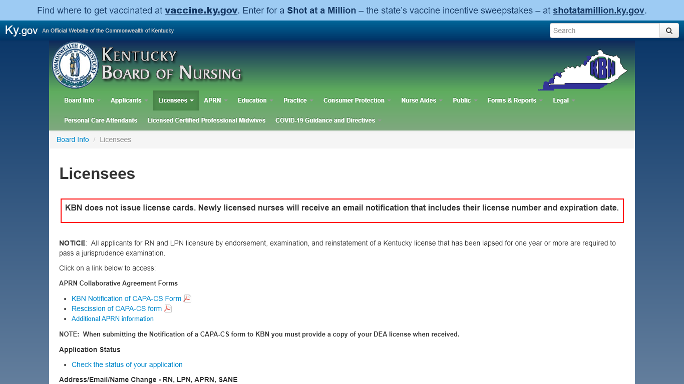 Licensing requirements for the Kentucky Board of Nursing.