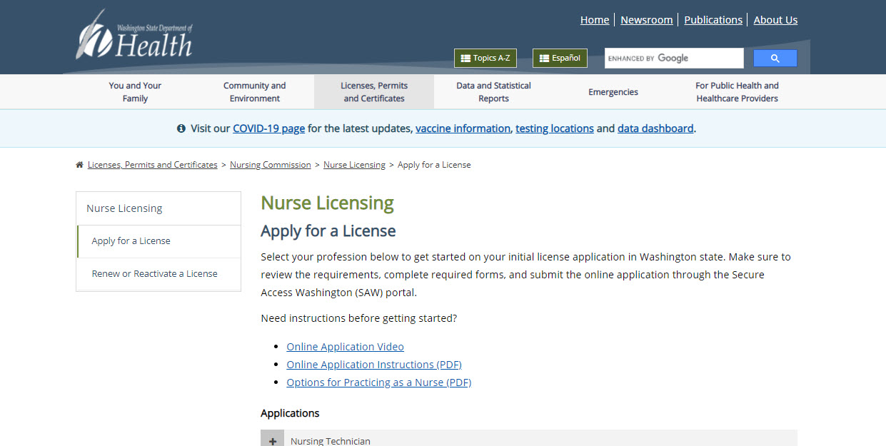 Licensing requirements for the Washington Board of Nursing.