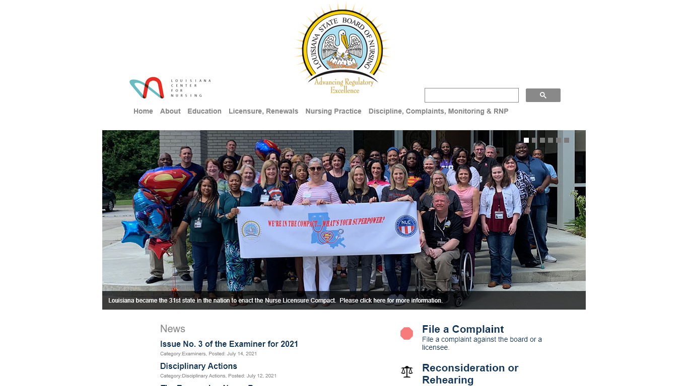 Louisiana Board of Nursing website screenshot.