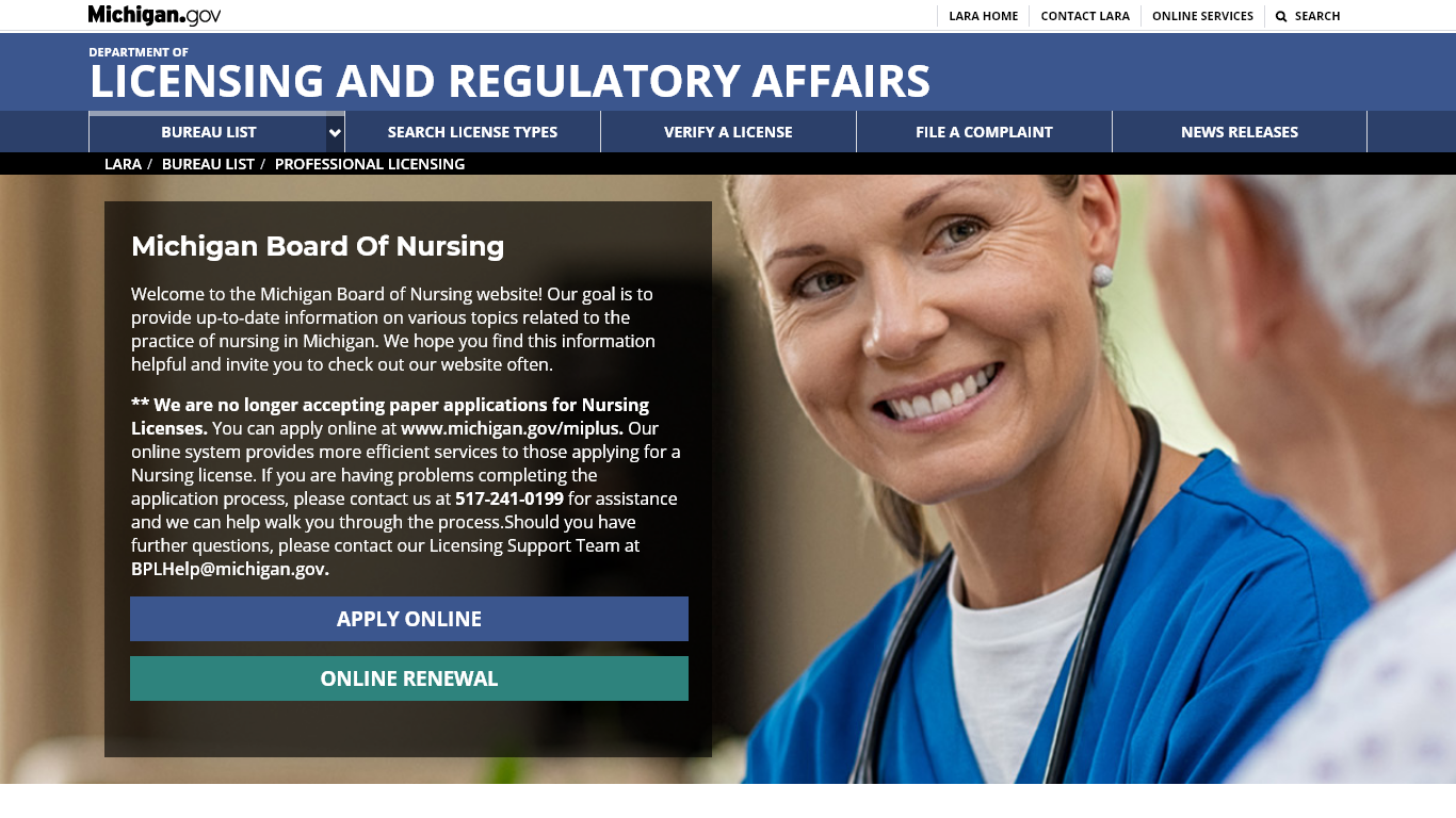 Michigan Board of Nursing website screenshot.