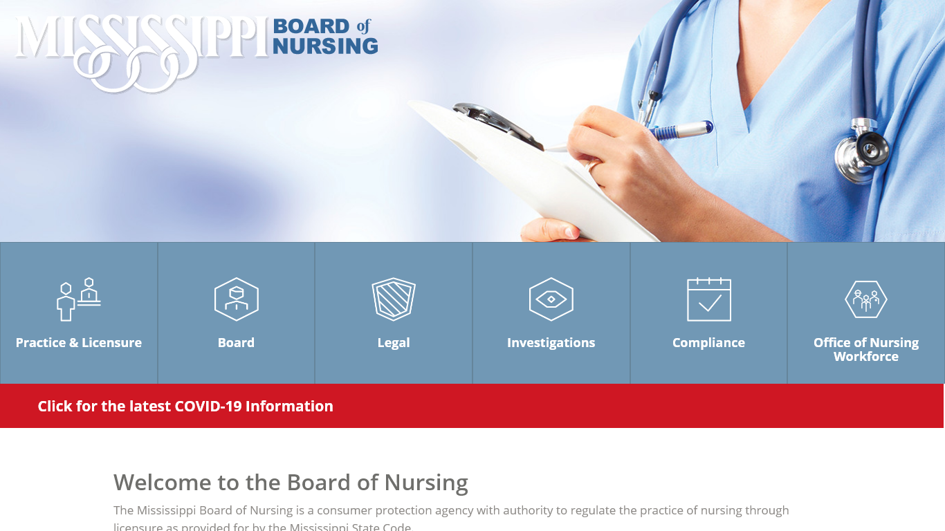 Mississippi Board of Nursing website screenshot.