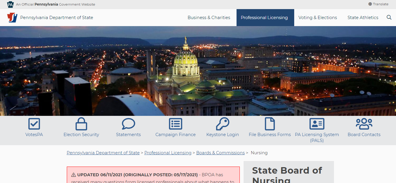Pennsylvania Board of Nursing website screenshot.