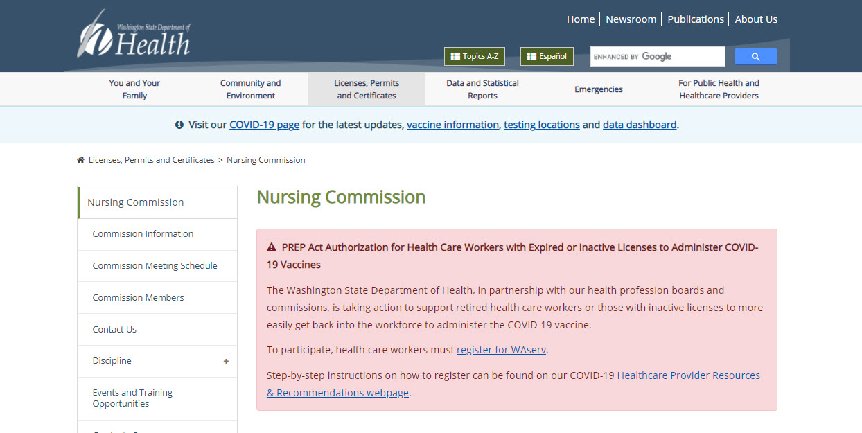 Washington Board of Nursing website screenshot.