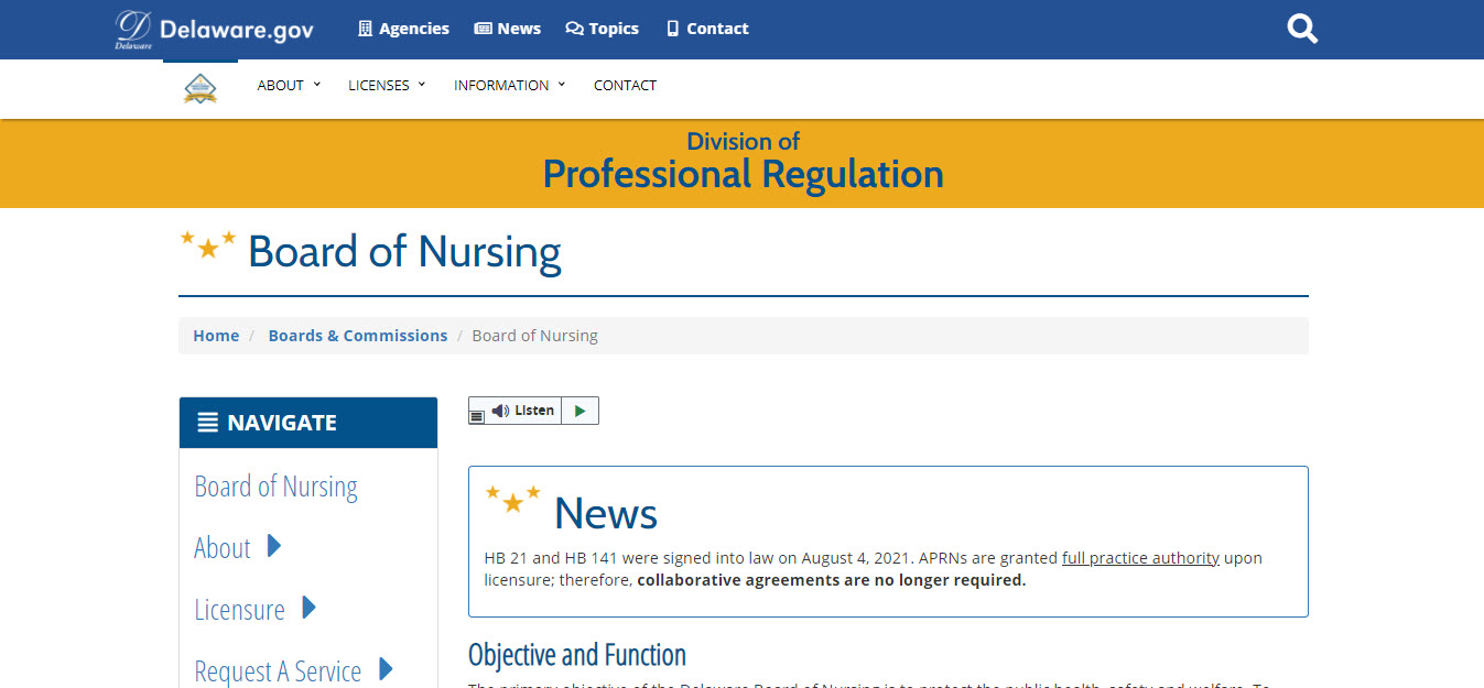 Delaware Board of Nursing website screenshot.