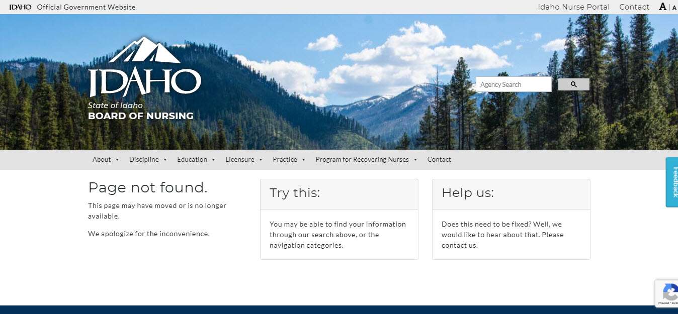 Idaho Board of Nursing website screenshot.
