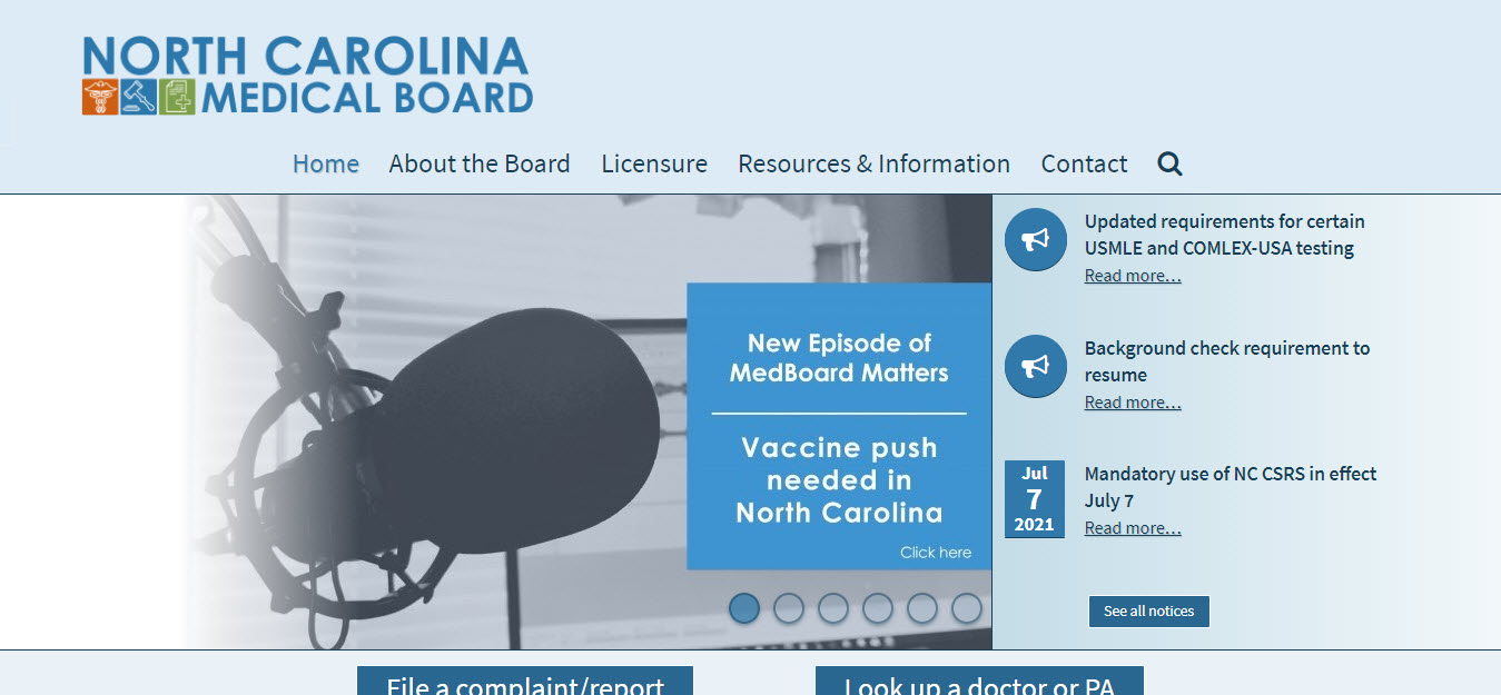 North Carolina Board of Medicine website screenshot.