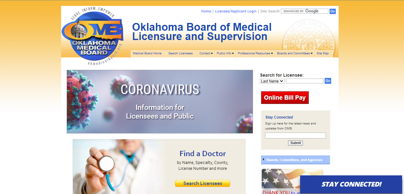 Oklahoma Board of Medicine website screenshot.