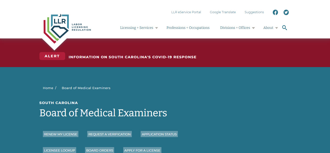 South Carolina Board of Medicine website screenshot.