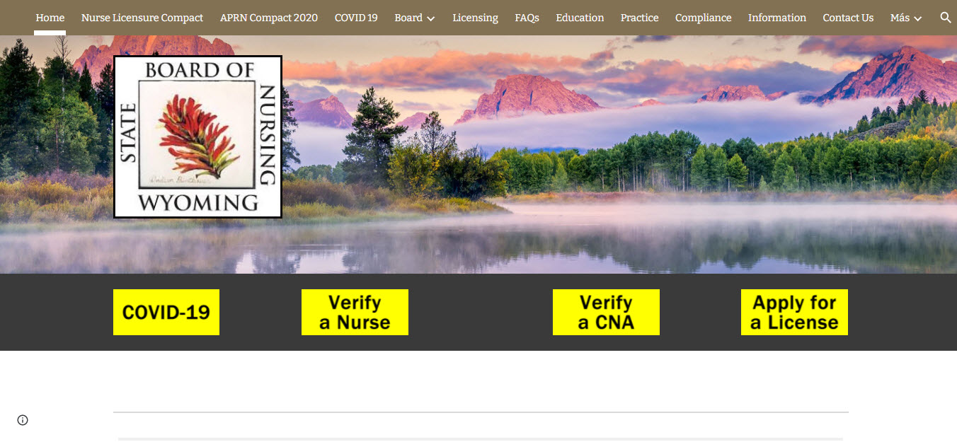 Wyoming Board of Nursing website screenshot.