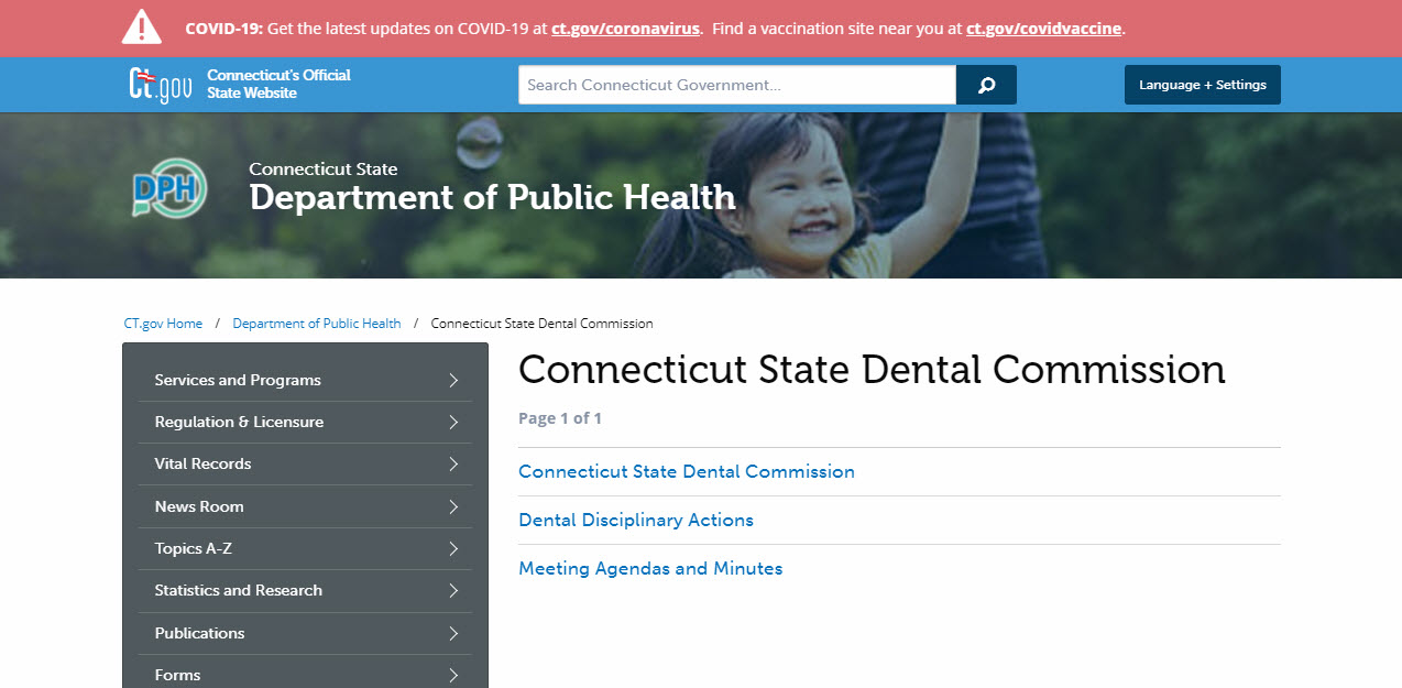 Connecticut Board of Dentistry Dental website screenshot.