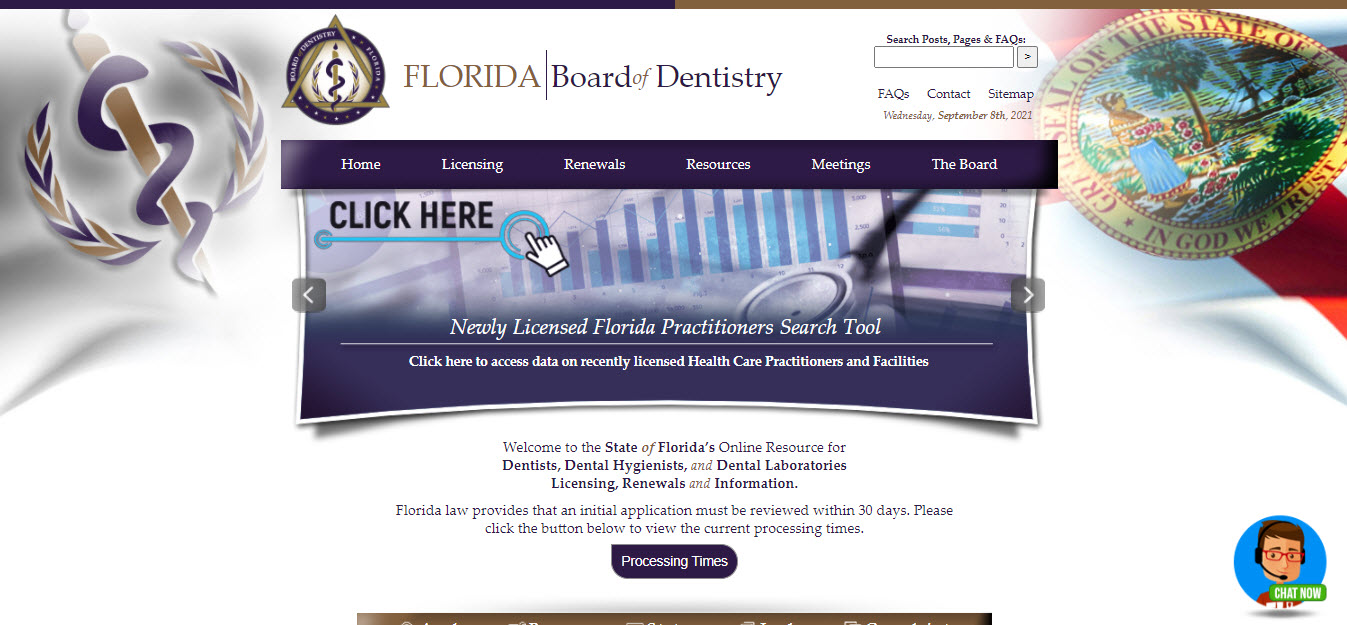 Florida Board of Dentistry Dental website screenshot.