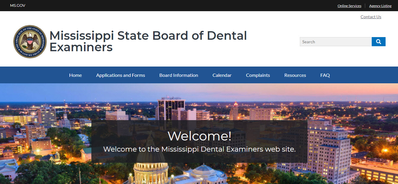 Mississippi Board of Dentistry Dental website screenshot.