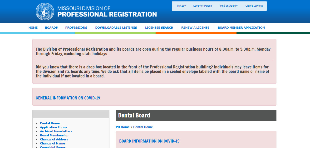 Missouri Board of Dentistry Dental website screenshot.