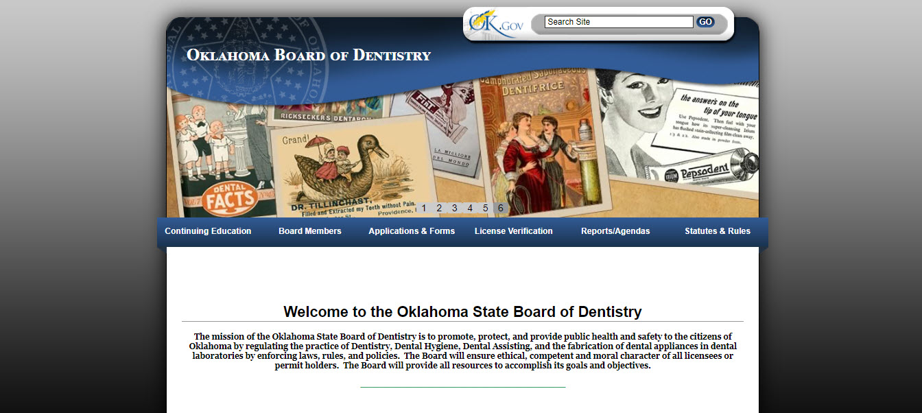 Oklahoma Board of Dentistry Dental website screenshot.
