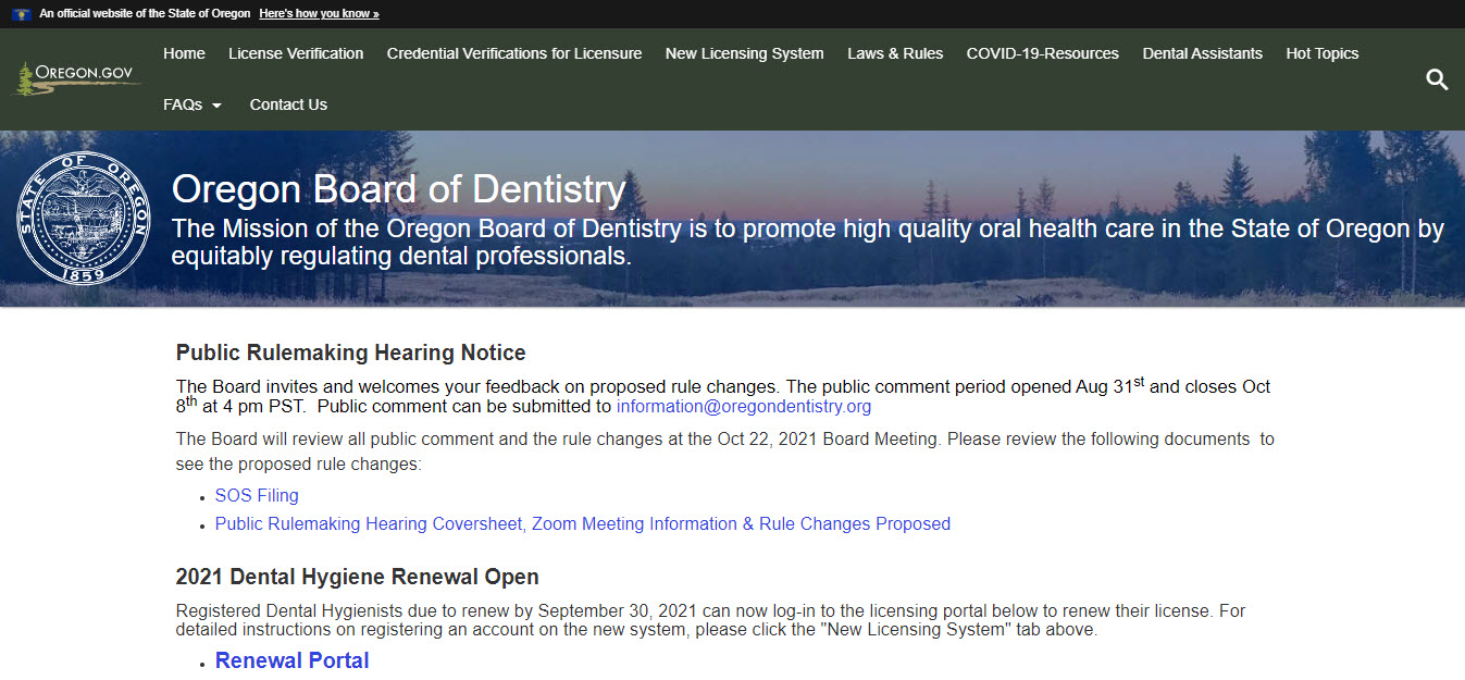 Oregon Board of Dentistry Dental website screenshot.