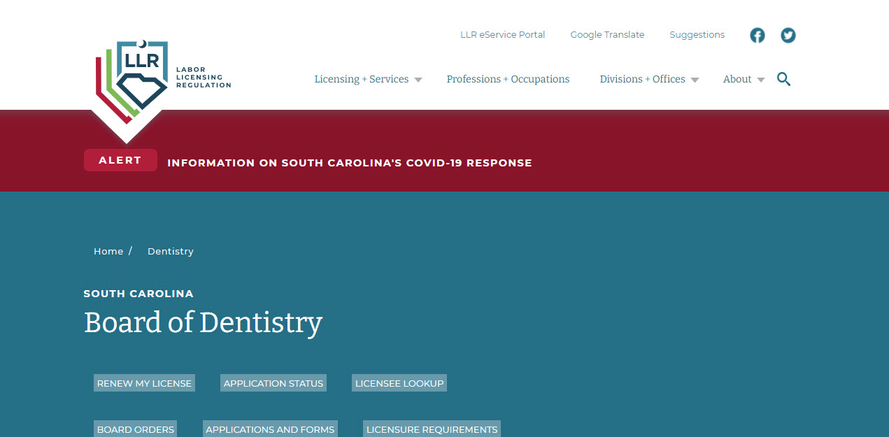 South Carolina Board of Dentistry Dental website screenshot.