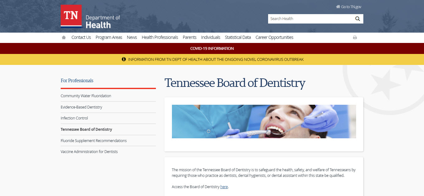 Tennessee Board of Dentistry Dental website screenshot.