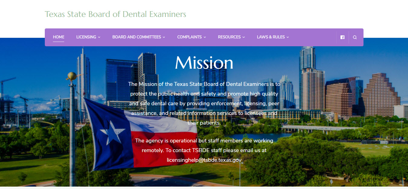Texas Board of Dentistry Dental website screenshot.