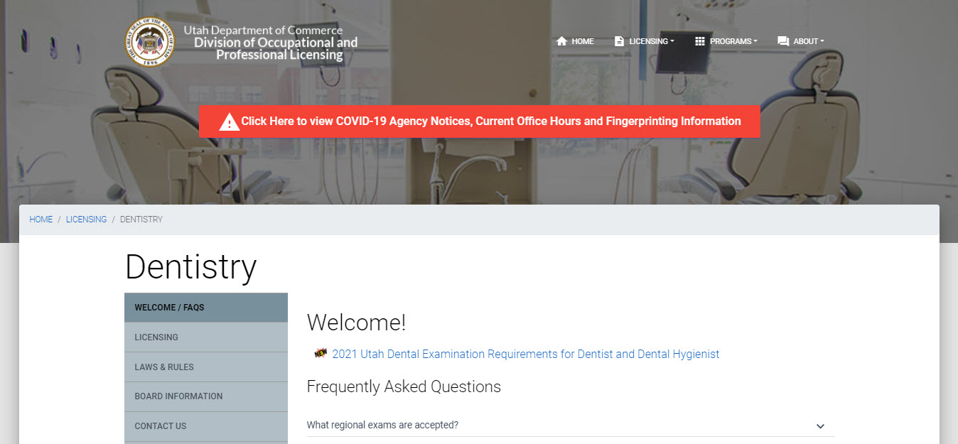 Utah Board of Dentistry Dental website screenshot.