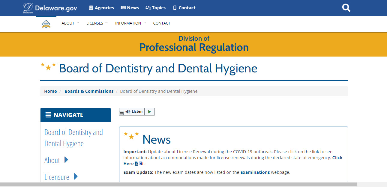 Delaware Board of Dentistry Dental website screenshot.