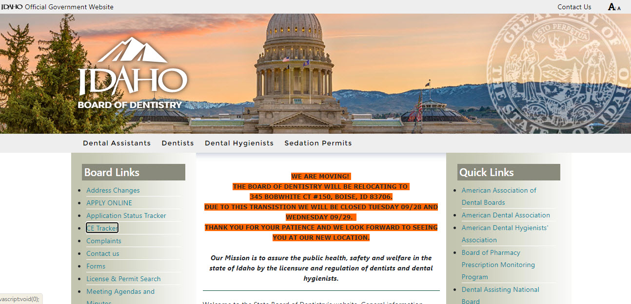 Idaho Board of Dentistry Dental website screenshot.