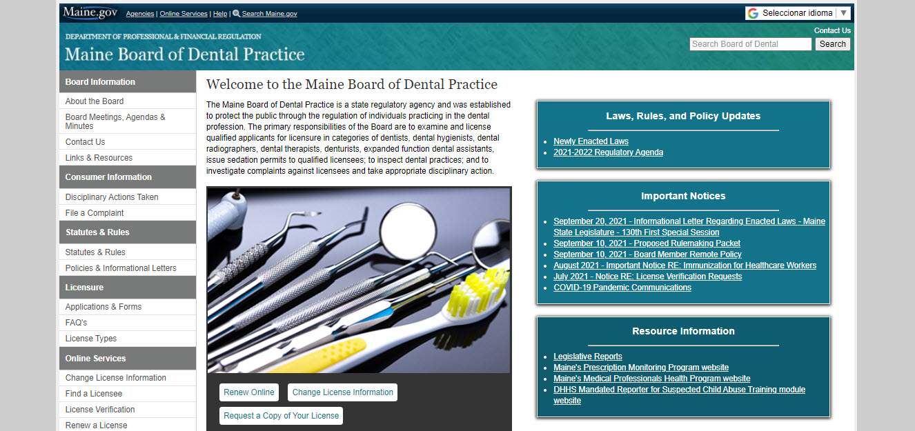 Maine Board of Dentistry Dental website screenshot.
