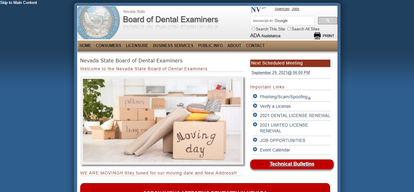 Nevada Board of Dentistry Dental website screenshot.