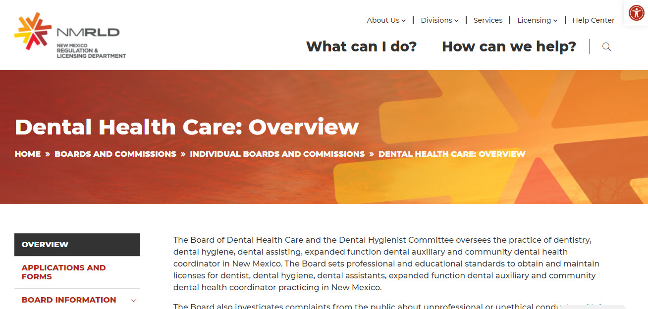 New Mexico Board of Dentistry Dental website screenshot.