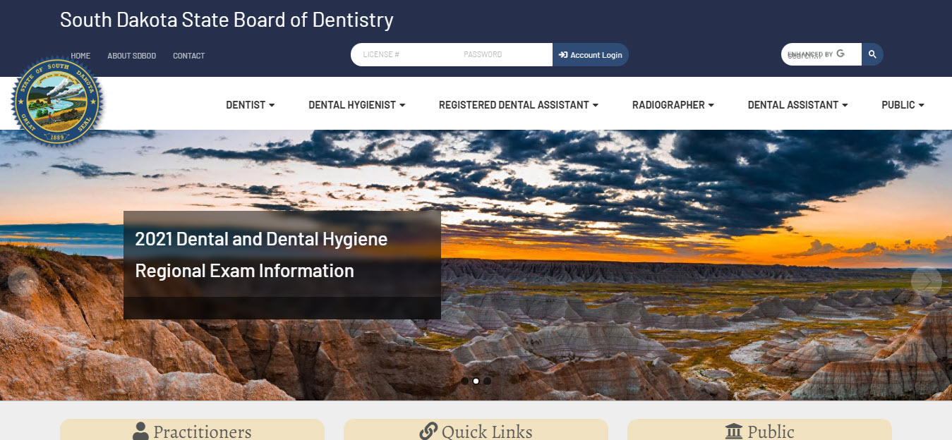 South Dakota Board of Dentistry Dental website screenshot.