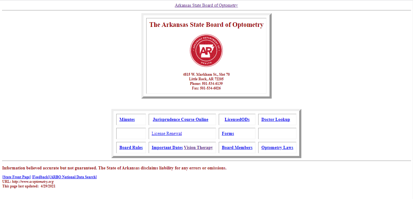 Arkansas Board of Optometry website