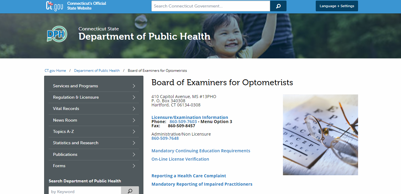 Connecticut Board of Optometry website