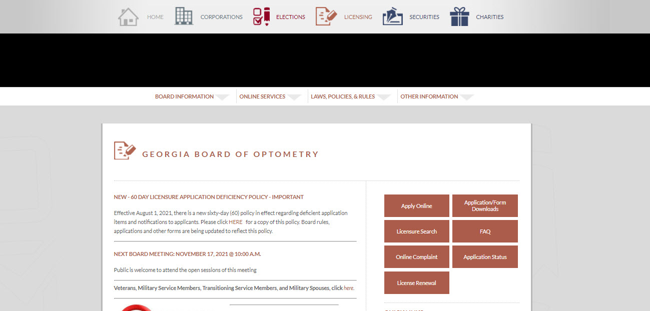 Georgia Board of Optometry website