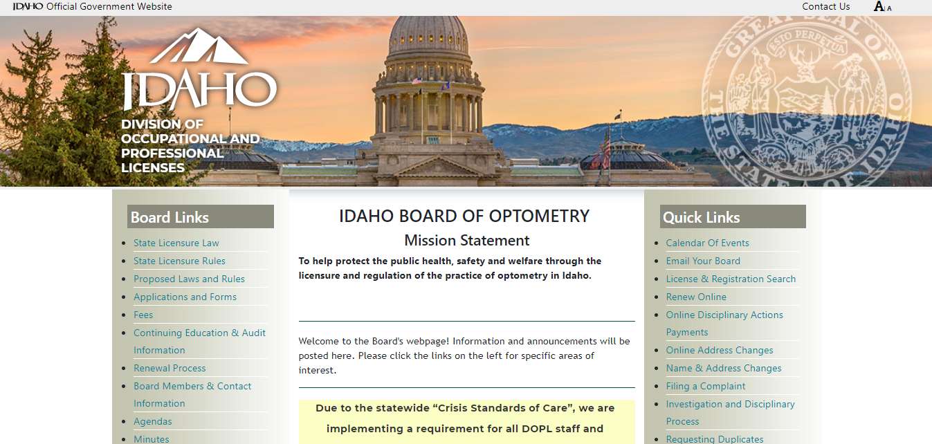 Idaho Board of Optometry website