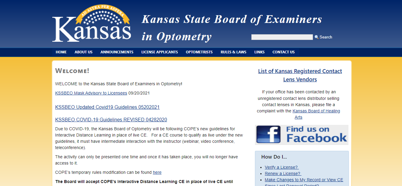 Kansas Board of Optometry website