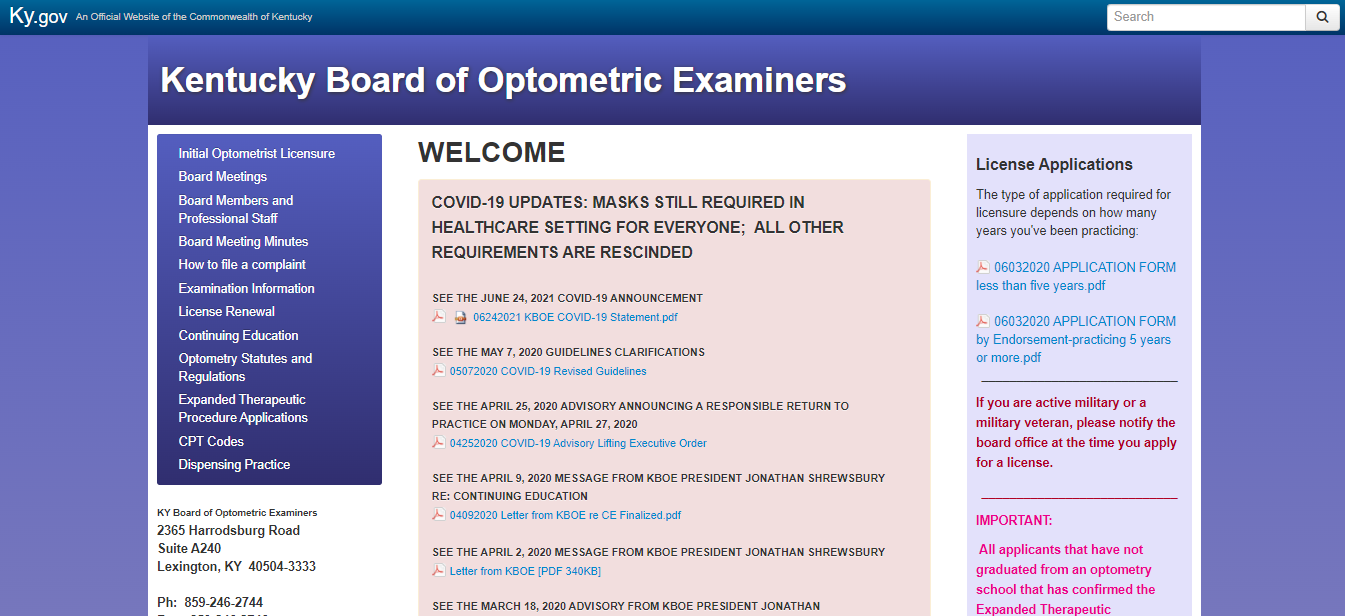 Kentucky Board of Optometry website