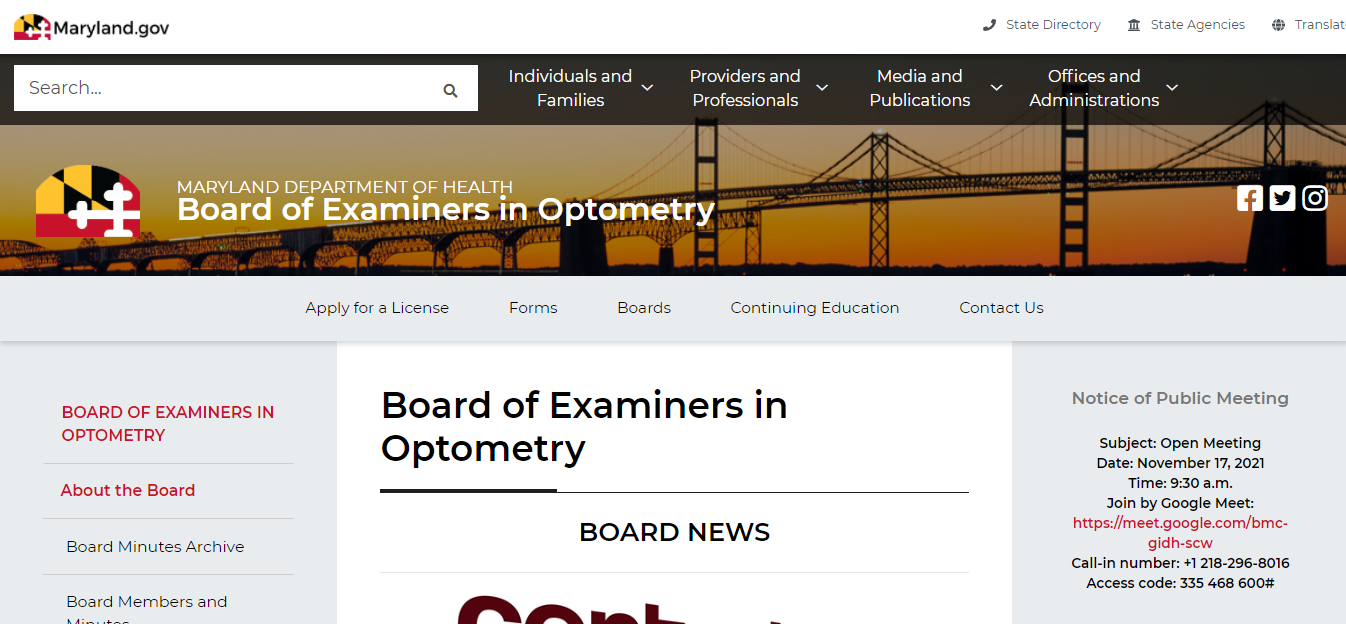 Maryland Board of Optometry website