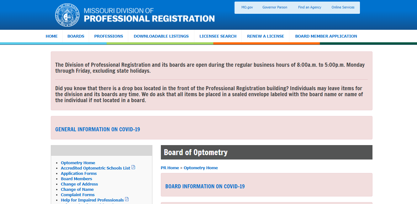 Missouri Board of Optometry website
