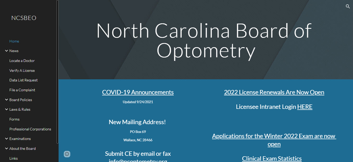 North Carolina Board of Optometry website