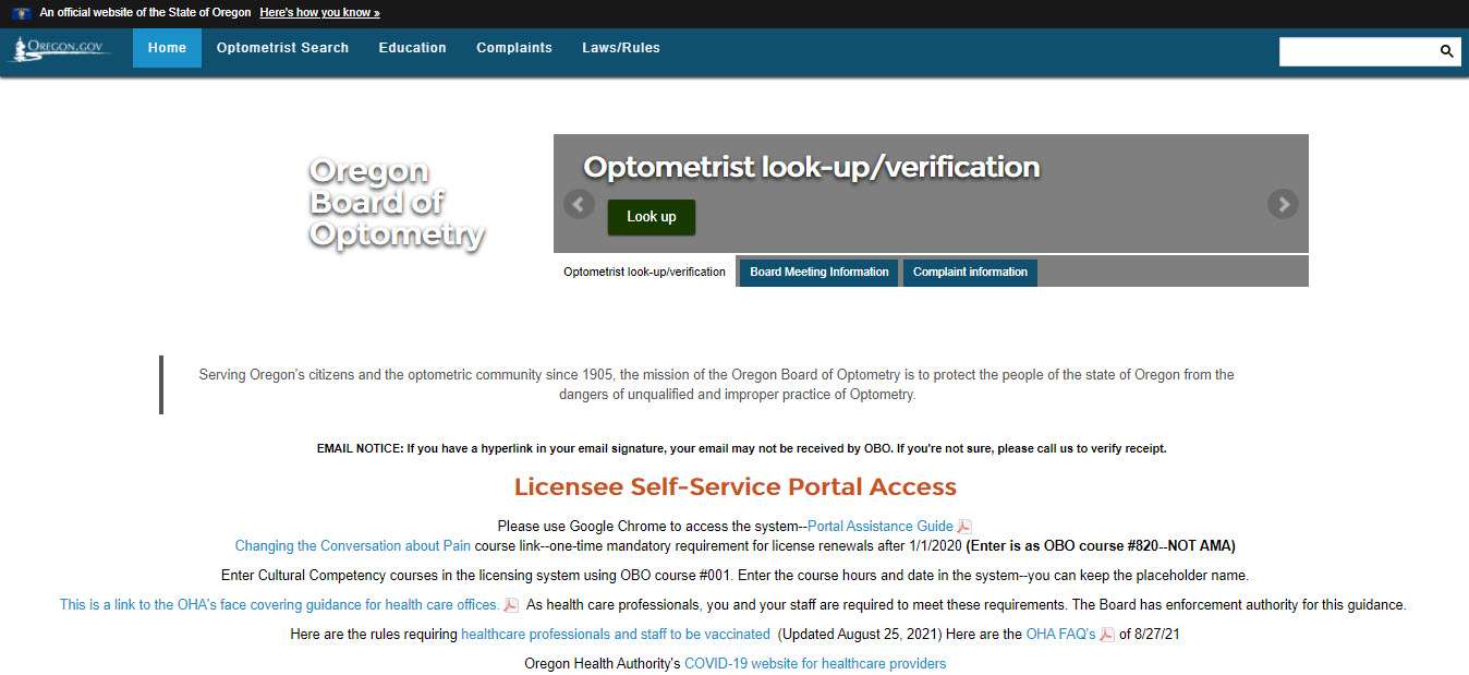 Oregon Board of Optometry website