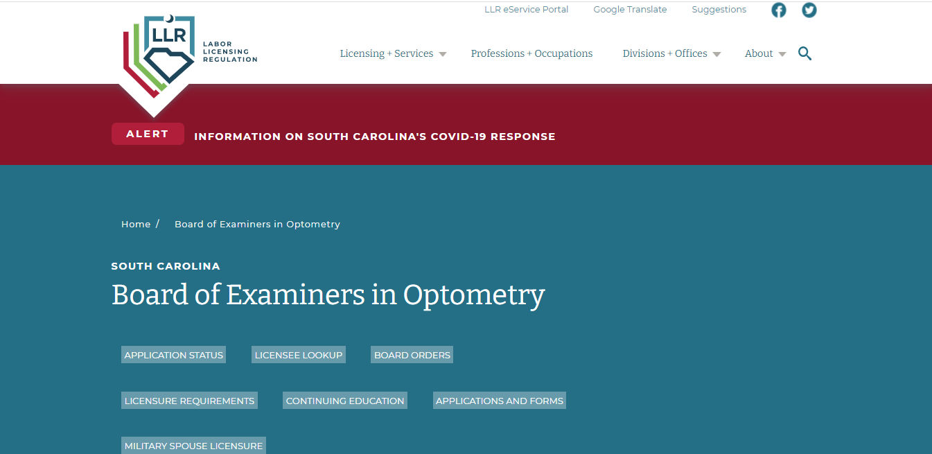 South Carolina Board of Optometry website