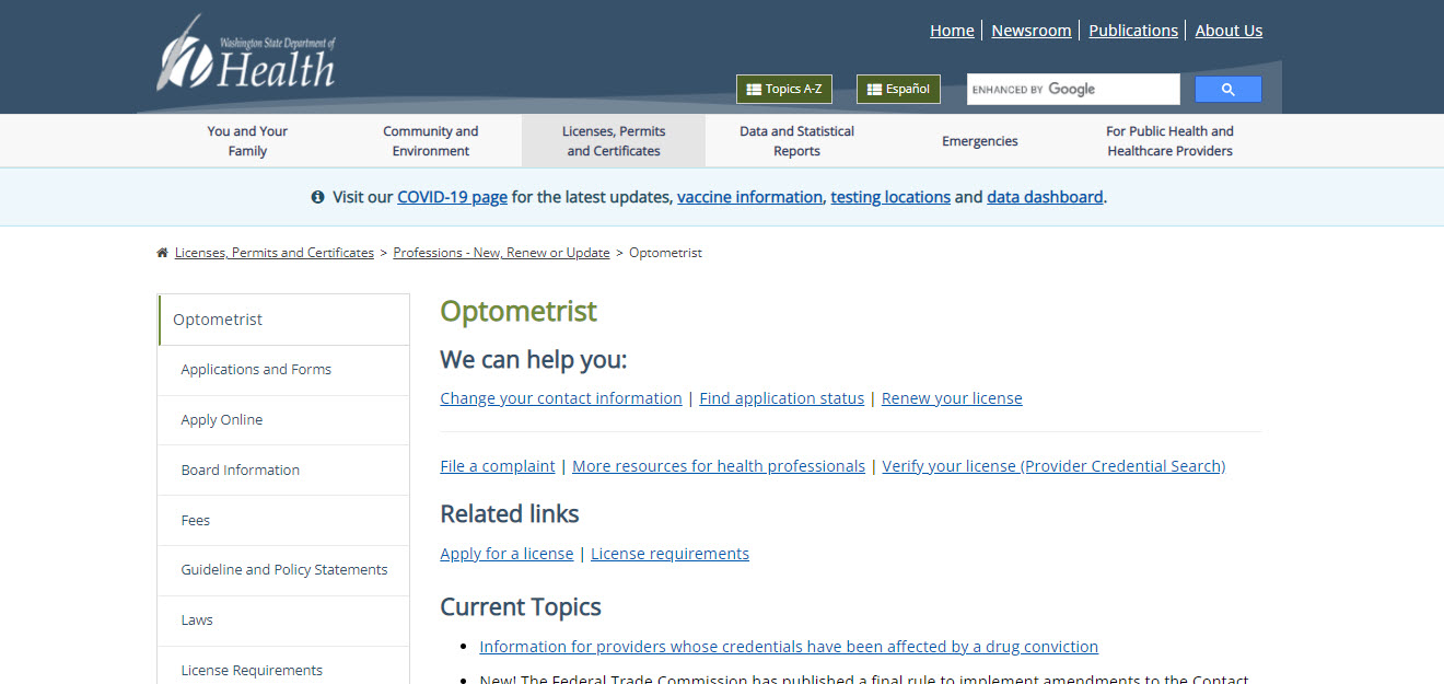 Washington Board of Optometry website
