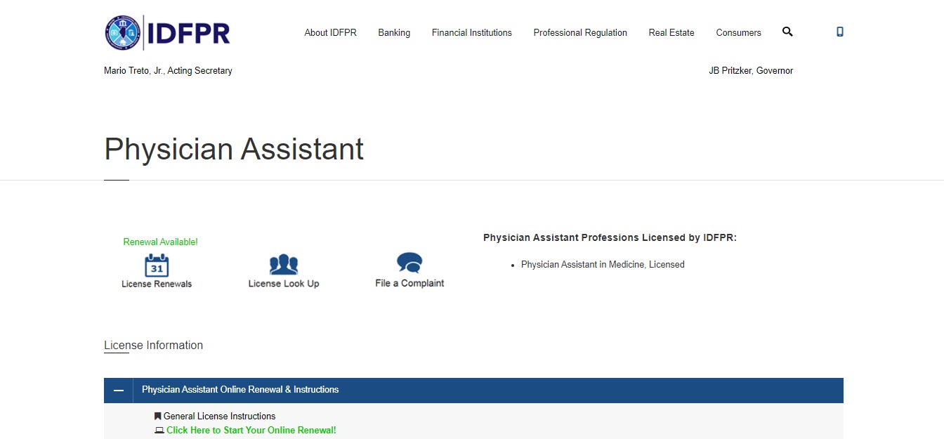 Illinois Board of Physician Assistants website screenshot.
