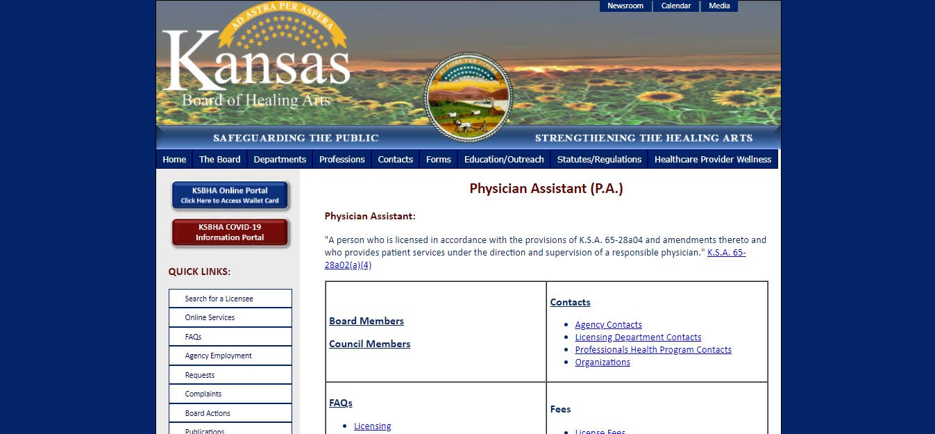 Kansas Board of Physician Assistants website screenshot.