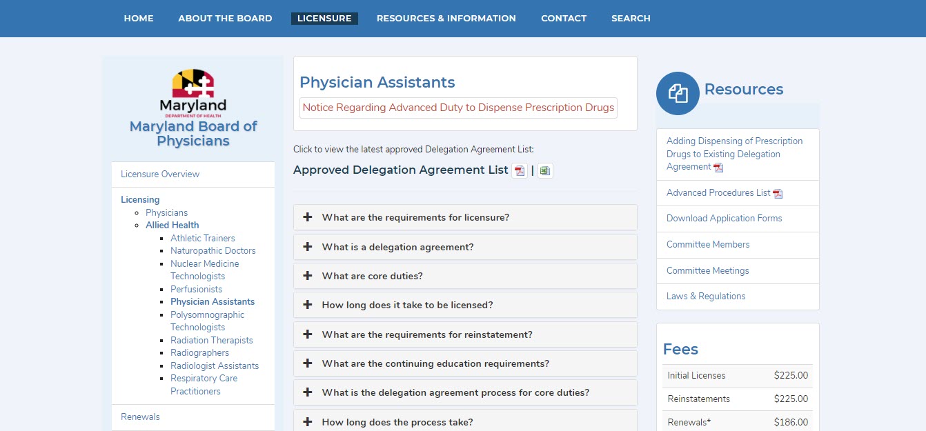 Maryland Board of Physician Assistants website screenshot.