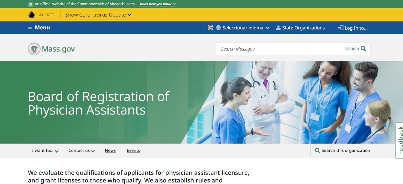 Massachusetts Board of Physician Assistants website screenshot.