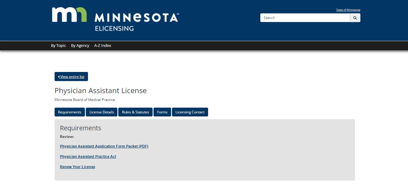 Minnesota Board of Physician Assistants website screenshot.
